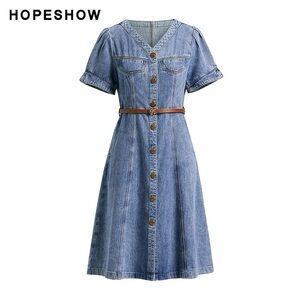 Blue A-Line Midi Dress with Puff Sleeves and V-Neck